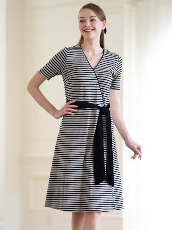 Beige X Black Natural Wrap-Style Short Sleeve Dress