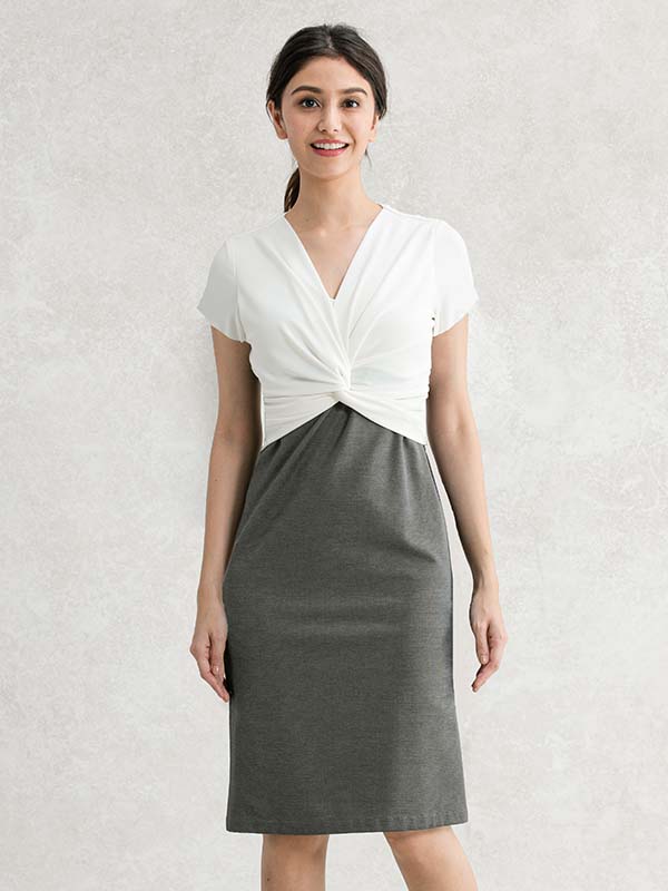 Cotton Blend White/Gray Twisted Short Sleeve Dress