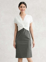 Cotton Blend White/Gray Twisted Short Sleeve Dress