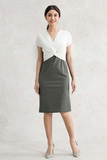 Cotton Blend White/Gray Twisted Short Sleeve Dress
