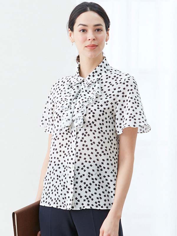 Stretch Chiffon: White Clover Collared Frill Blouse