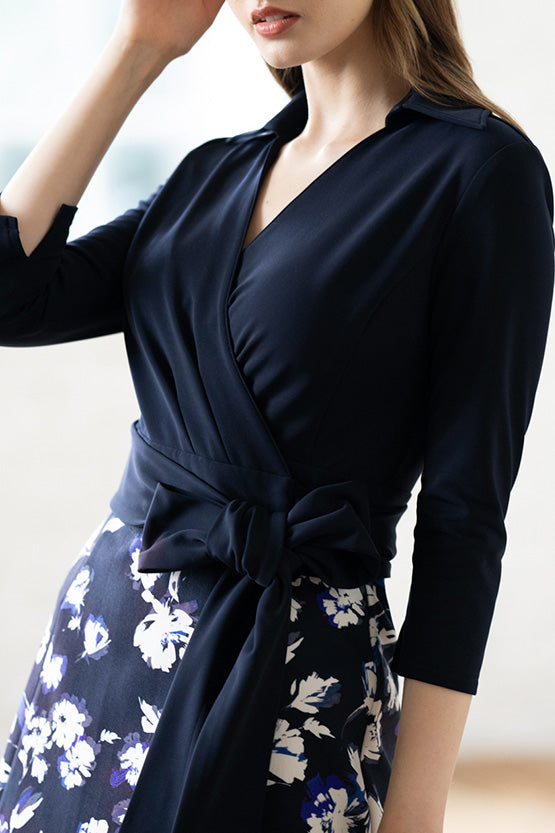 Navy X Navy Lei Flower Switch Wrap Dress