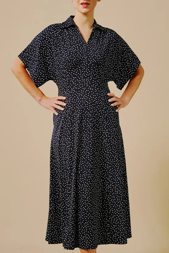4-Way Stretch: Navy Dot Collared Flared Dress