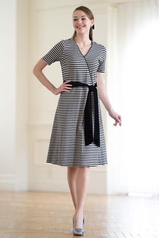Beige X Black Natural Wrap-Style Short Sleeve Dress
