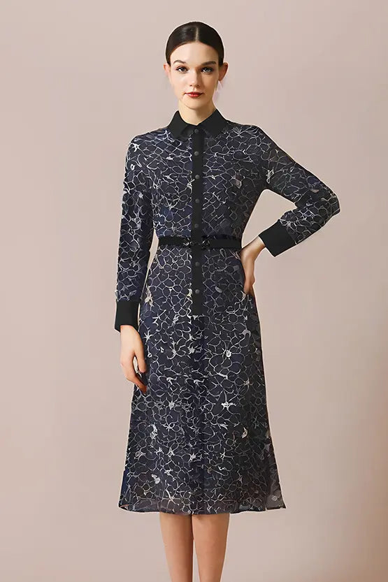 Stretch Lace:Navy Blooming Lace Shirt Dress