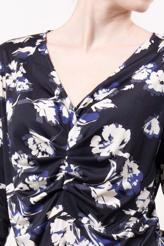 Navy Lei Flower Design Tucked Top