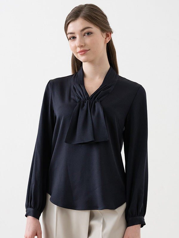 Navy Black Ribbon Tie Blouse