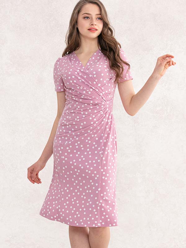 Pink Dot Gathered Short-Sleeved Dress