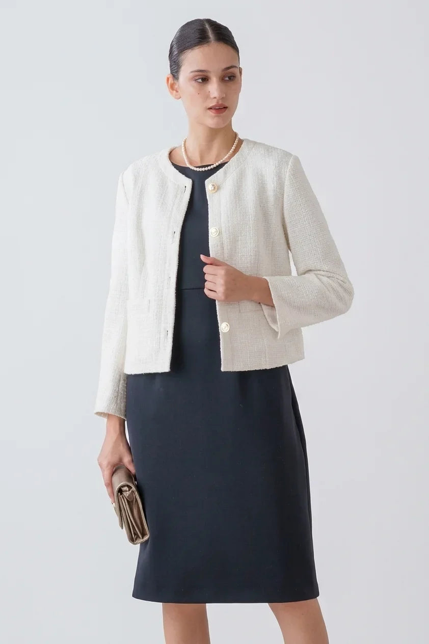 Stretch Lame Tweed: No-Collar Short Jacket