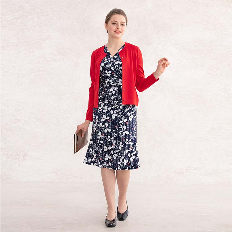 Add a red cardigan for a feminine touch