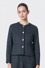Stretch Lame Tweed: No-Collar Short Jacket