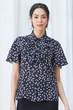 Stretch Chiffon: Navy Clover Collared Frill Blouse