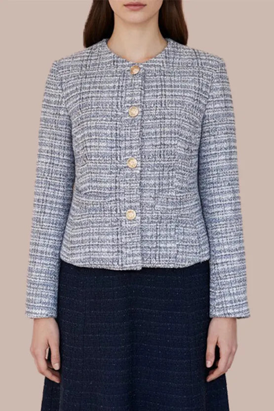 A sleek collarless design that elegantly frames the neckline while creating a flattering face-slimming effect