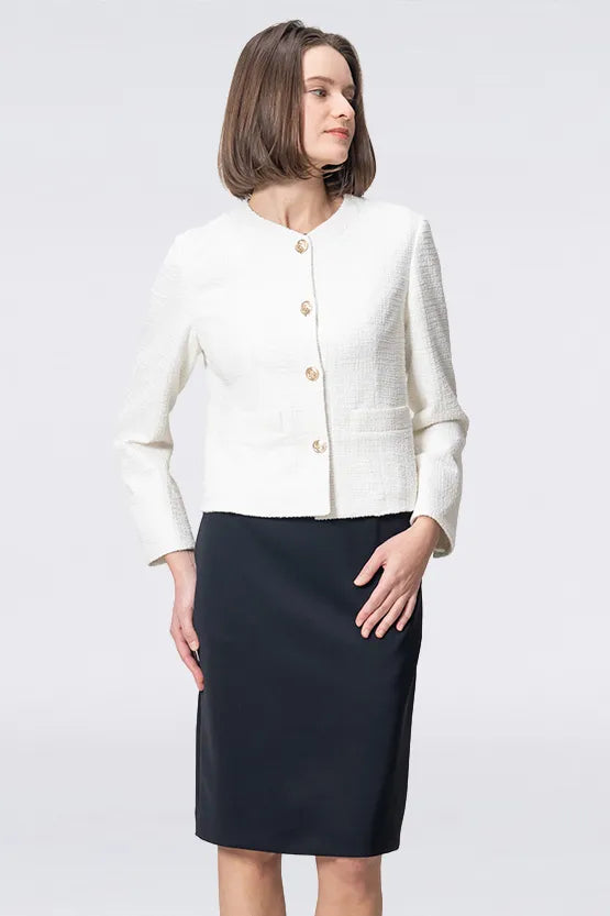 Stretch Lame Tweed: No-Collar Short Jacket