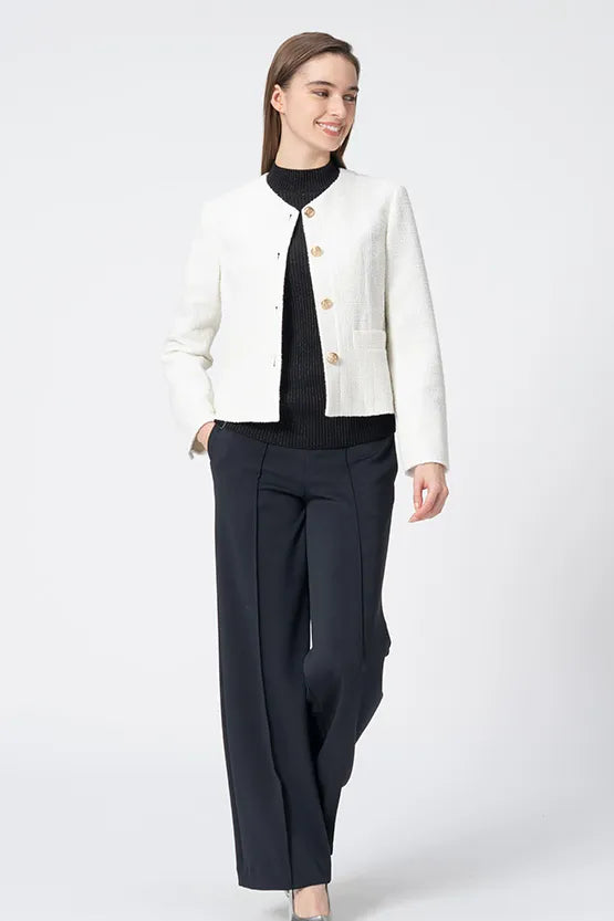 Stretch Lame Tweed: No-Collar Short Jacket