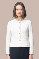 Stretch Lame Tweed: No-Collar Short Jacket