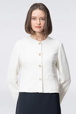 Stretch Lame Tweed: No-Collar Short Jacket