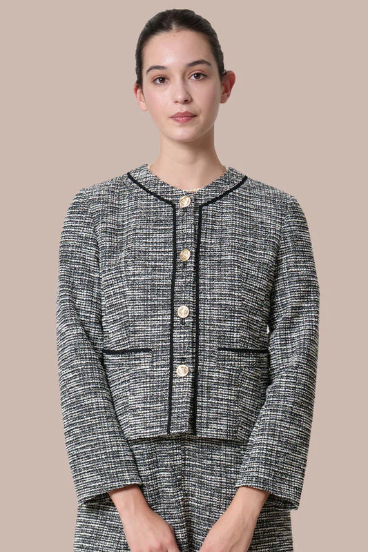 Stretch Lame Tweed: No-Collar Short Jacket