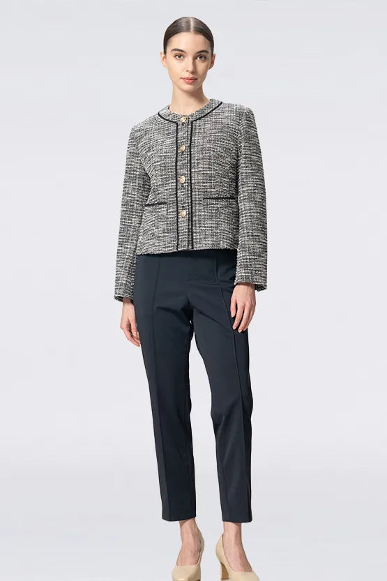 Stretch Lame Tweed: No-Collar Short Jacket