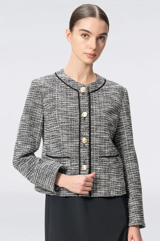 Stretch Lame Tweed: No-Collar Short Jacket