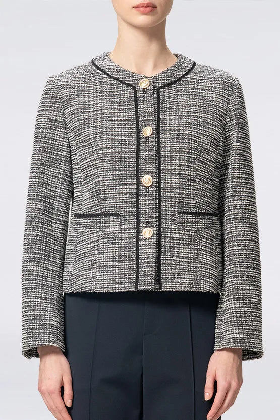 Stretch Lame Tweed: No-Collar Short Jacket