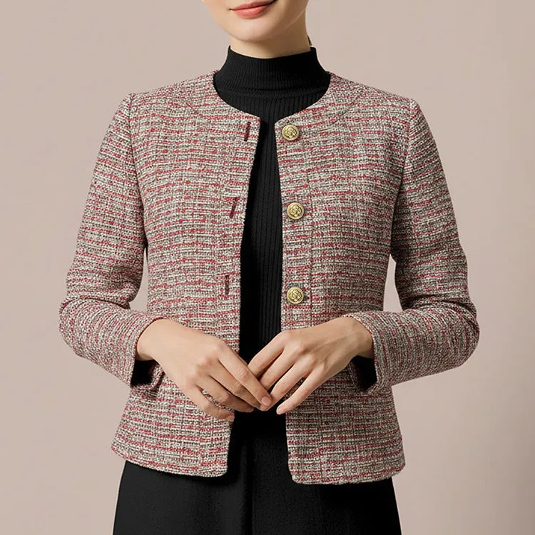 An elegant collarless design that creates a clean neckline and beautifully frames the face for a refined silhouette