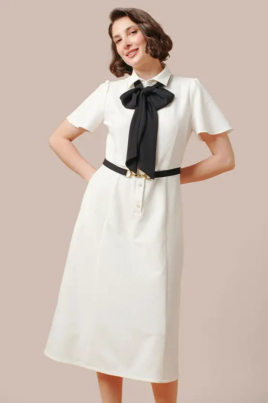 Stretch Sucker: Stretch Seersucker Bow-Tie Shirt Dress