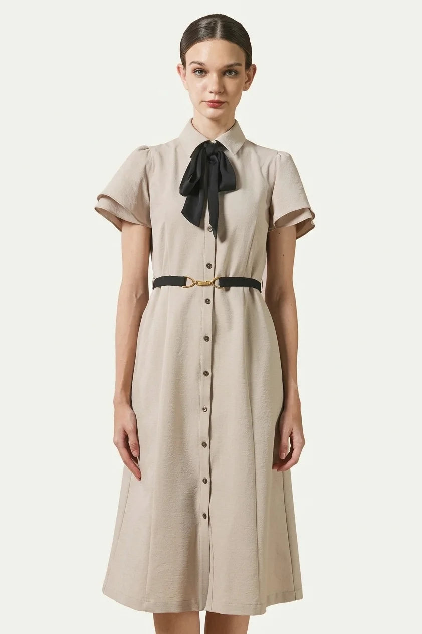 Beige x Black Bowtie Shirt Dress
