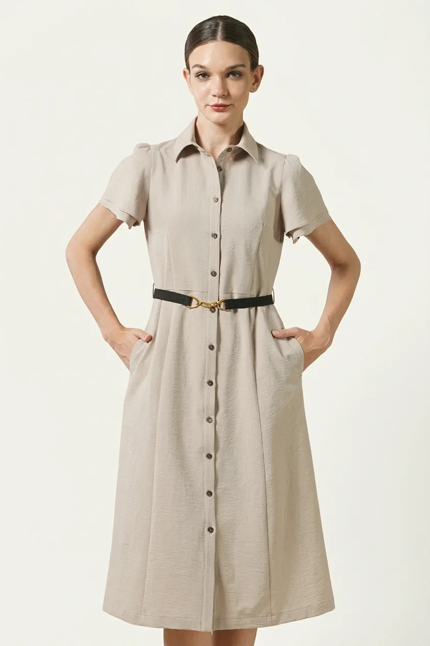 Beige x Black Bowtie Shirt Dress