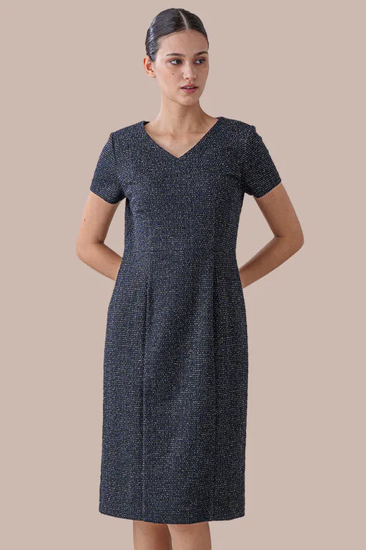 Stretch Lame Tweed: V-Neck I-Line Dress