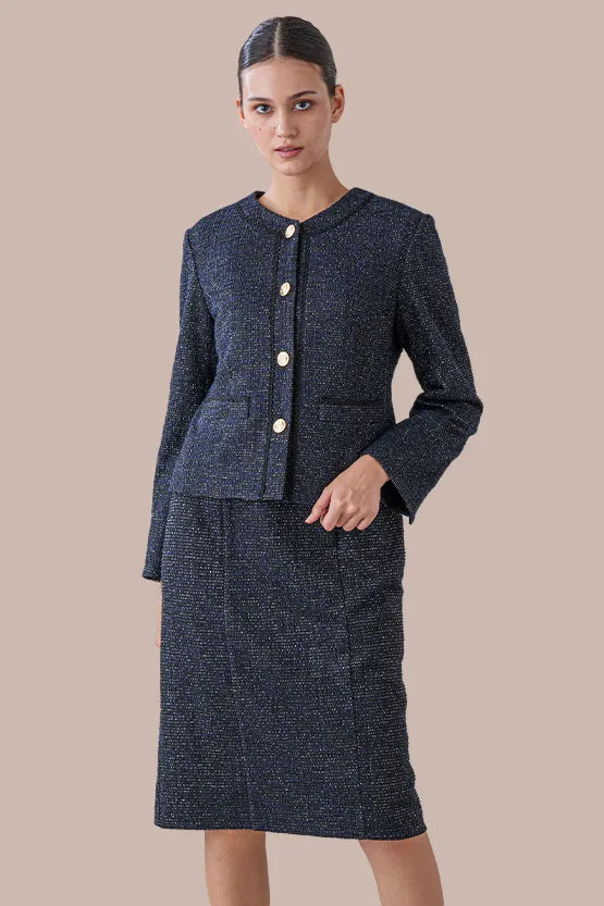 Stretch Lame Tweed: V-Neck I-Line Dress
