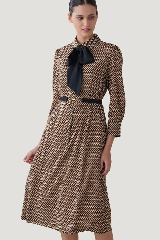 Chiffon Georgette: Monogram Brown Shirt Dress With Bowtie