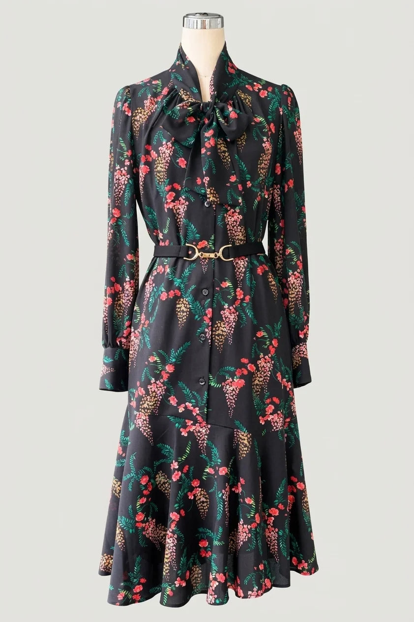 Stretch Chiffon: Black Garden Mermaid Dress With Tie