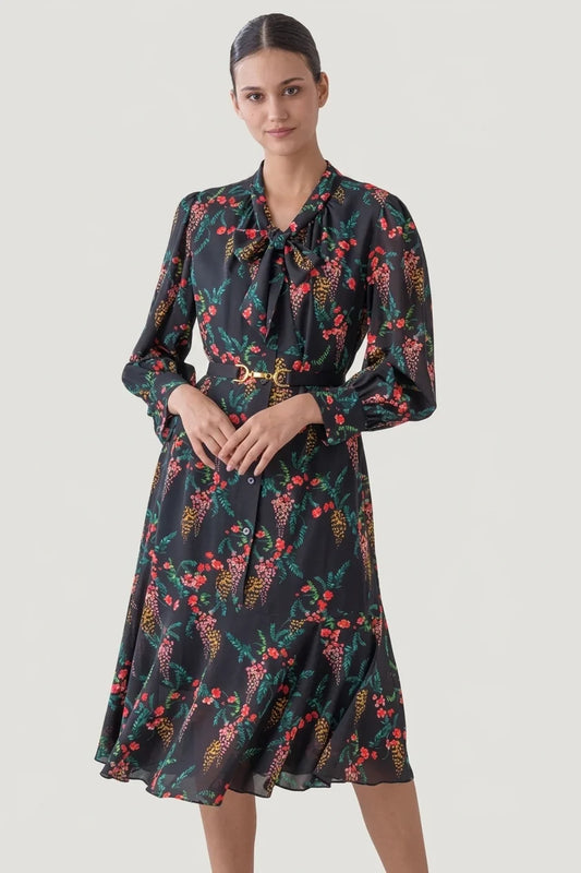 Stretch Chiffon: Black Garden Mermaid Dress With Tie