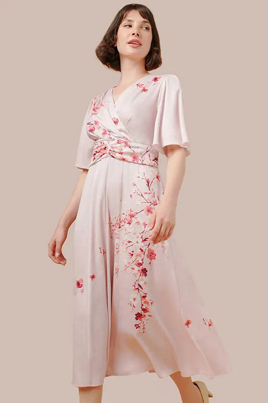 Stretch Georgette SAKURA Flare Dress with Bell Sleeves