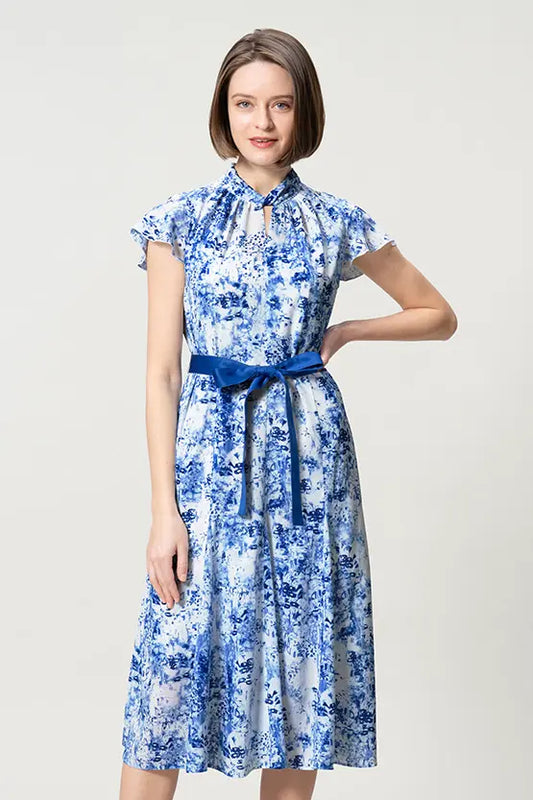 [Stretch Chiffon] Twist Neck Mid-Length Mermaid Dress