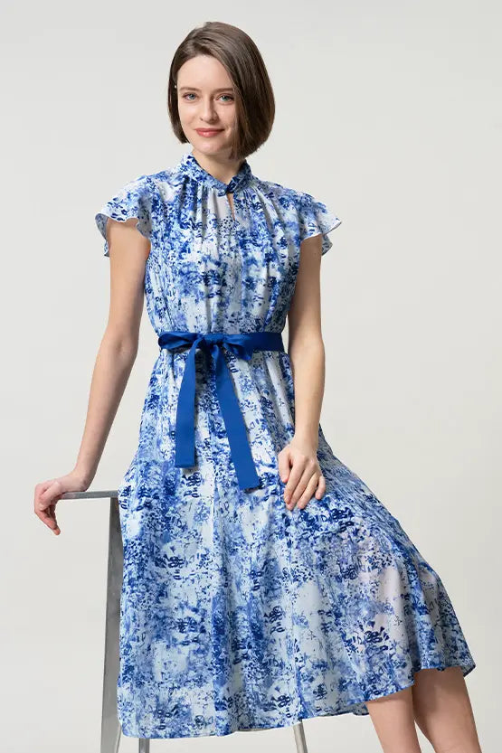 Stretch Chiffon: Twist Neck Mid-Length Mermaid Dress