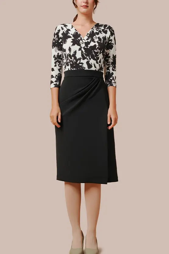 Stretch Jersey x Smart Stretch: Stretch Jersey × Smart Stretch - Shadow Flower × Black Asymmetrical Dress
