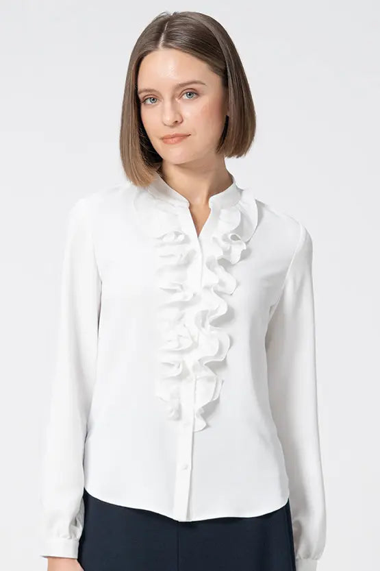 【Back Satin Georgette】Frill Long-Sleeve Blouse