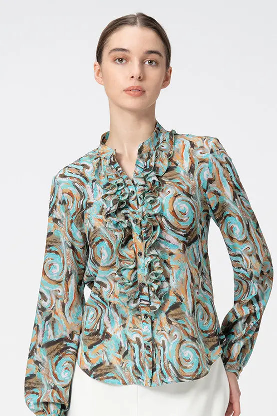 Stretch Chiffon: Ruffle Long-Sleeve Blouse