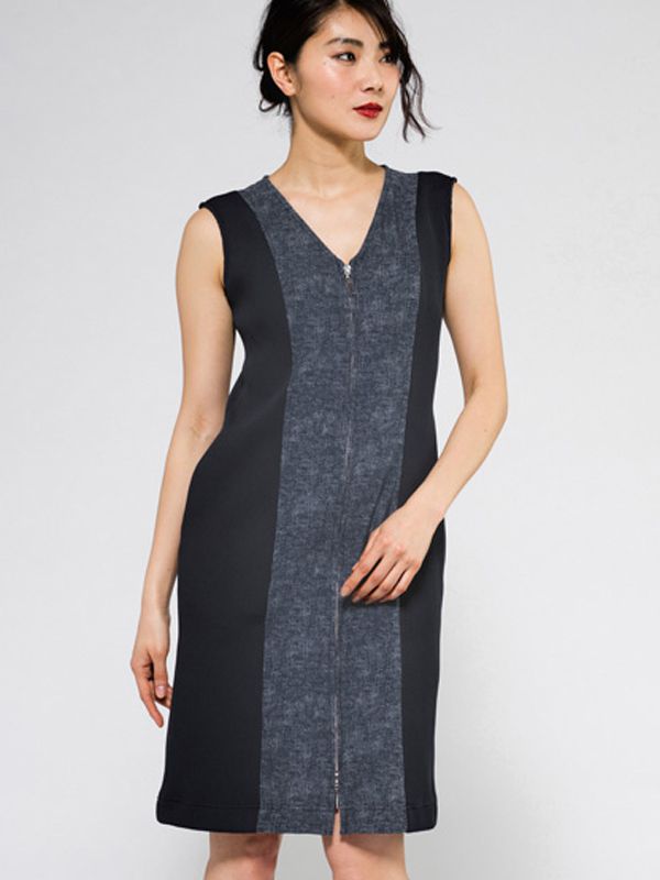Navy Rib Front Zip Dress