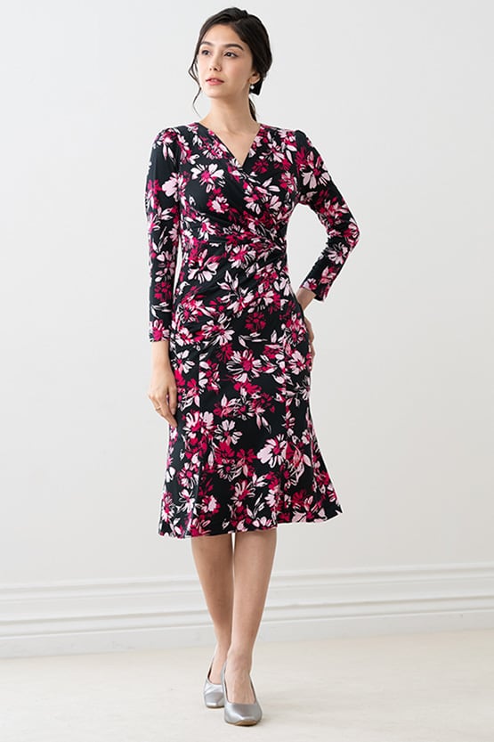 Pink Graphic Flower Gather Dress