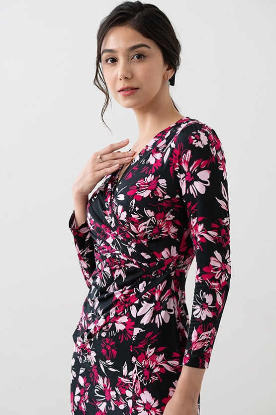 Pink Graphic Flower Gather Dress