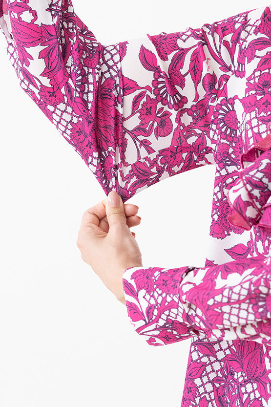 Pink Flower Collared Ruffle Blouse