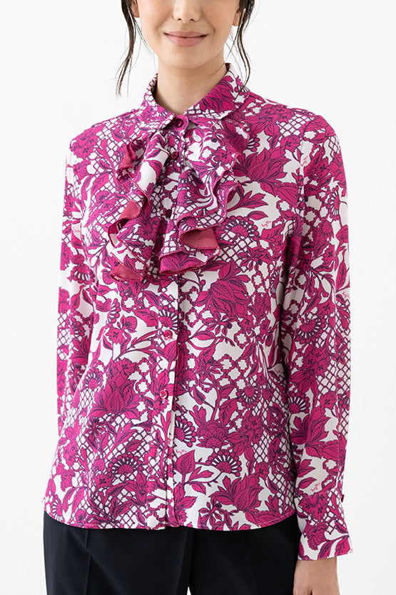 Pink Flower Collared Ruffle Blouse