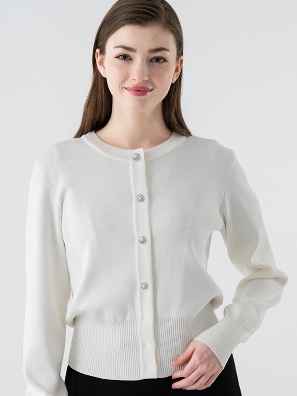White Bijou Button Kanazawa Waist Shape Cardigan