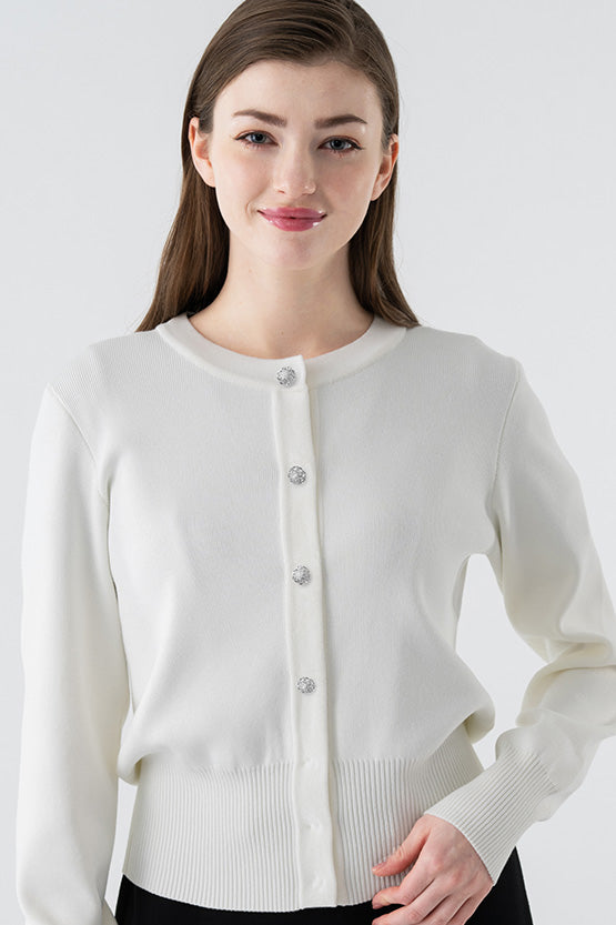 White Bijou Button Kanazawa Waist Shape Cardigan