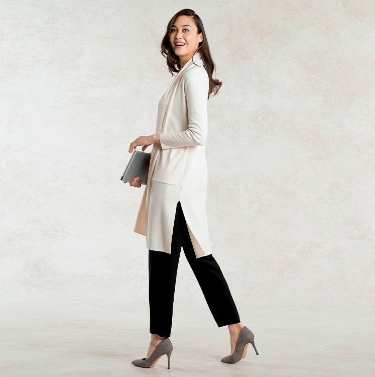 A long cardigan makes working from home comfortable