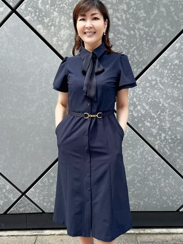 Comfort-Function Stretch: Navy Shirt Dress With Bow Tie