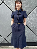 Comfort-Function Stretch: Navy Shirt Dress With Bow Tie